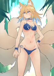 Rule 34 | 1girl, absurdres, animal ears, bikini, blue bikini, blue choker, blue eyes, breasts, choker, cleavage, closed mouth, commentary request, feet out of frame, fox ears, fox tail, highres, kakaricho dairi, kitsune, looking to the side, medium breasts, multiple tails, navel, outdoors, solo, swimsuit, tail, touhou, wristband, yakumo ran
