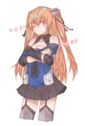Rule 34 | 1girl, az toride, black gloves, black skirt, black thighhighs, blue shirt, breasts, cleavage, cropped legs, garter straps, gloves, johnston (kancolle), kantai collection, light brown hair, long hair, looking at viewer, medium breasts, off shoulder, one eye closed, orange eyes, pleated skirt, sailor collar, school uniform, serafuku, shirt, simple background, single glove, skirt, solo, thighhighs, twintails, two side up, united states medal of honor, white background