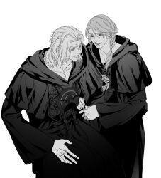 Rule 34 | 2boys, 5altybitter5, braid, closed mouth, emet-selch, final fantasy, final fantasy xiv, frown, greyscale, hythlodaeus, long sleeves, male focus, monochrome, multiple boys, parted lips, simple background, smile, sophist&#039;s robe (ff14), white background