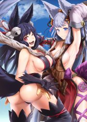 Rule 34 | 2girls, absurdres, animal ears, ass, bare shoulders, bell, black hair, blue eyes, blush, breasts, detached sleeves, erune, fang, fox ears, fox tail, from behind, gloves, gollzone, granblue fantasy, hair bell, hair ornament, highres, japanese clothes, large breasts, long hair, looking at viewer, looking back, multiple girls, open mouth, red eyes, shiny clothes, shiny skin, sideboob, silver hair, smile, societte (granblue fantasy), tail, thighhighs, thong, very long hair, yuel (granblue fantasy)