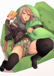 Rule 34 | 1girl, armchair, black footwear, black thighhighs, blue skirt, boots, brown eyes, candy, chair, commentary request, food, fu-ta, grey hair, hair ornament, hairclip, hand up, handheld game console, highres, holding, hood, hoodie, knee up, lollipop, long sleeves, looking at viewer, lying, nintendo ds, off shoulder, on back, original, parted lips, ponytail, skirt, solo, thighhighs, usami taiga