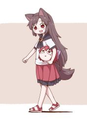 Rule 34 | :d, aged down, animal ears, barefoot sandals (jewelry), blush stickers, brown hair, child, clenched hand, commentary request, disembodied head, from side, full body, hair ribbon, highres, holding head, imaizumi kagerou, looking down, looking up, open mouth, poronegi, red eyes, red skirt, ribbon, sandals, sekibanki, shadow, shirt, skirt, smile, tail, touhou, walking, white shirt, wolf ears, wolf tail