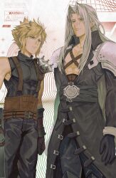 Rule 34 | 2boys, abstract background, absurdres, armor, belt, black belt, black coat, black gloves, black pants, black sweater, blonde hair, blue eyes, boots, buster sword, chest strap, clenched hand, cloud strife, coat, english text, final fantasy, final fantasy vii, final fantasy vii remake, glaring, gloves, green eyes, grey hair, high collar, highres, holding, holding sword, holding weapon, keiseki1, knee boots, light smile, long bangs, long hair, looking at another, male focus, multiple belts, multiple boys, muscular, muscular male, open clothes, open coat, pants, parted bangs, pauldrons, sephiroth, serious, short hair, shoulder armor, single pauldron, sleeveless, sleeveless sweater, sleeveless turtleneck, slit pupils, spiked hair, standing, suspenders, sweater, sword, turtleneck, turtleneck sweater, upper body, weapon
