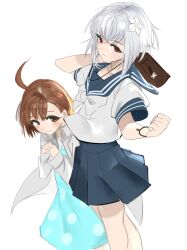 Rule 34 | 2girls, a certain high school uniform, accelerator (toaru majutsu no index), age difference, ahoge, albino, ambiguous gender, androgynous, bag, bare legs, black bracelet, blue dress, blue sailor collar, blue skirt, blush, bow, brown eyes, brown hair, child, clenched hand, cowboy shot, dress, electrodes, expressionless, flower, hair flower, hair ornament, hands up, holding, holding bag, jacket, last order (toaru majutsu no index), lily (flower), looking at viewer, miniskirt, multiple girls, own hands clasped, own hands together, pale skin, pixie cut, polka dot, polka dot dress, red eyes, sailor collar, school bag, school uniform, shirt, short hair, short sleeves, sidelocks, sketch, skirt, smile, standing, summer uniform, suzushina yuriko, toaru majutsu no index, torakichi (kamima33), white background, white bow, white hair, white jacket, white shirt