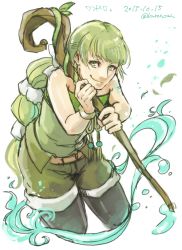 Rule 34 | 1girl, bare shoulders, belt, black thighhighs, bow, commentary request, green hair, long hair, multi-tied hair, ponytail, pouch, ribbon, saga, saga frontier, saga frontier 2, sakaki-no, shorts, smile, solo, staff, thighhighs, very long hair, virginia knights, weapon