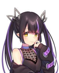 Rule 34 | 1girl, black hair, black jacket, blunt bangs, breasts, cleavage, closed mouth, commentary request, demon girl, demon horns, heart, horns, jacket, kojo anna, kojo anna (1st costume), kusumoto shizuru, long hair, looking at viewer, medium breasts, multicolored hair, nanashi inc., off shoulder, pointy ears, purple hair, see-through, see-through cleavage, simple background, smile, solo, sugar lyric, twintails, two-tone hair, upper body, virtual youtuber, white background, yellow eyes