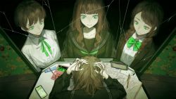 Rule 34 | 1girl, black serafuku, black suit, book, bow, braid, brown hair, cellphone, charging device, closed mouth, crack, cracked glass, different reflection, eraser, fingernails, floral print, formal, green bow, green eyes, green ribbon, green theme, hands on own head, highres, indoors, kotobuki nashiko, long hair, looking at another, makeup, makeup brush, mechanical pencil, medium hair, messy hair, mole, mole under eye, multiple reflections, open book, original, pencil, pencil case, phone, reflection, ribbon, school uniform, scribble, serafuku, short hair, sketchbook, smartphone, suit, table, text messaging, twintails, wavy hair, wooden floor