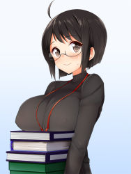 Rule 34 | 10s, 1girl, :&gt;, ahoge, binder, black hair, book, box, breast rest, breasts, brown eyes, carried breast rest, carrying, covered erect nipples, glasses, kaisen chuui, large breasts, no bra, see-through, servant x service, short hair, solo, sweater, yamagami lucy