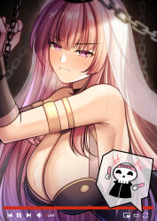 Rule 34 | 1girl, blush, breasts, chain, cleavage, deadbeat (calliope mori), guardian-panda, hololive, hololive english, large breasts, livestream, long hair, looking at viewer, mori calliope, pink eyes, pink hair, restrained, sideboob, skull, sweat, veil, virtual youtuber, youtube