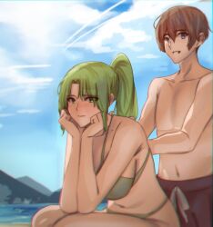 Rule 34 | 1boy, 1girl, absurdres, beach, bikini, black male swimwear, black swim trunks, blue sky, blush, breasts, brown eyes, brown hair, chromatic aberration, cloud, code nt, commentary, day, drawstring, embarrassed, english commentary, green bikini, green hair, hair over one eye, halterneck, hands on another&#039;s back, head rest, hetero, high ponytail, highres, higurashi no naku koro ni, large breasts, long hair, looking at viewer, maebara keiichi, male swimwear, navel, nose blush, ocean, open mouth, outdoors, ponytail, short hair, sitting, sky, smile, sonozaki mion, swim trunks, swimsuit, topless male, water