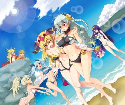 Rule 34 | 6+girls, ahoge, animal ears, barefoot, beach, bikini, bikini top only, blonde hair, blue eyes, blue hair, braid, breasts, cleavage, cleavage cutout, clothing cutout, day, dutch angle, echidna (p&amp;d), closed eyes, front-tie top, hair ribbon, hairband, headdress, highres, idunn &amp; idunna, isis (p&amp;d), lamia, large breasts, lens flare, light valkyrie (p&amp;d), lilith (p&amp;d), long hair, medium breasts, mermaid, monster girl, multiple girls, navel, ocean, one eye closed, open mouth, pink eyes, pointy ears, ponytail, purple hair, puzzle &amp; dragons, red eyes, ribbon, side-tie bikini bottom, sidelocks, silver hair, siren (p&amp;d), smile, ^^^, swimsuit, twin braids, twintails, uran (uran-factory), valkyrie (p&amp;d)