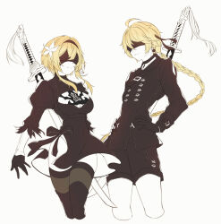 Rule 34 | 1boy, 1girl, aether (genshin impact), ahoge, belt, black belt, black bow, black choker, black dress, black gloves, black jacket, black shorts, black thighhighs, blonde hair, bow, braid, breasts, brother and sister, brown hairband, buttons, choker, closed mouth, collared jacket, cosplay, covered eyes, crossover, dress, earrings, feather hair ornament, feathers, flower, genshin impact, gloves, hair between eyes, hair flower, hair ornament, hairband, hands on own hips, headband, highres, jacket, jewelry, juliet sleeves, katana, large breasts, lily (flower), long hair, long sleeves, lumine (genshin impact), nier:automata, nier (series), puffy long sleeves, puffy sleeves, short hair, short hair with long locks, shorts, siblings, sidelocks, simple background, single earring, smile, standing, sword, tassel, thighhighs, weapon, white background, white flower, wide sleeves, 2b (nier:automata), 9s (nier:automata), yoshitoki (kisshin)