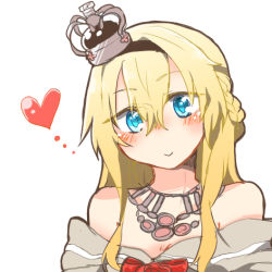 Rule 34 | 10s, 1girl, bare shoulders, blonde hair, blue eyes, blush, bow, braid, crown, french braid, hairband, heart, jewelry, kantai collection, long hair, lowres, necklace, rebecca (keinelove), smile, solo, warspite (kancolle), white background