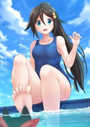Rule 34 | 10s, 1girl, :d, air bubble, alternate costume, bare shoulders, barefoot, black cat, black hair, blue eyes, blue sky, blue one-piece swimsuit, blurry, blush, breasts, bubble, cat, cloud, collarbone, crossover, day, depth of field, eyebrows, feet, from below, hair between eyes, hair ornament, highres, izumi reina, kazenokaze, long hair, looking at viewer, musaigen no phantom world, nichijou, one-piece swimsuit, open mouth, ponytail, sakamoto (nichijou), school swimsuit, sitting, sky, smile, soaking feet, soles, solo, sweatdrop, swimsuit, toes, water, wavy mouth