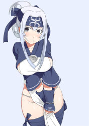 Rule 34 | 1girl, blue background, blue gloves, blue headband, blue thighhighs, blush, breasts, closed mouth, collarbone, cowboy shot, dutch angle, embarrassed, female focus, fingerless gloves, fundoshi, gloves, grey eyes, groin, have to pee, headband, japanese clothes, kamoi (kancolle), kantai collection, large breasts, legs together, long hair, long sleeves, looking away, looking to the side, minamimachi naname, nose blush, own hands together, pelvic curtain, shiny skin, simple background, solo, standing, thighhighs, v arms, white hair
