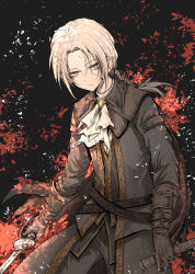 Rule 34 | 1girl, absurdres, ascot, band, belt, black background, blonde hair, bloodborne, braid, brown belt, brown jacket, brown pants, closed mouth, cowboy shot, expressionless, grey background, highres, holding, holding sheath, holding weapon, jacket, lady maria of the astral clocktower, long hair, long sleeves, looking at viewer, orange eyes, pants, ponytail, red background, sheath, shimoda masaya, simple background, solo, sword, unsheathed, weapon