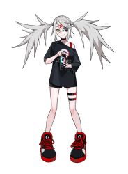 Rule 34 | 1girl, bare shoulders, black choker, black footwear, can, choker, closed mouth, collarbone, dive to zone, eyepatch, glowing, green eyes, grey hair, hair ornament, hairclip, highres, holding, holding can, lam (ramdayo), long hair, power symbol, shoes, simple background, smile, sneakers, solo, standing, thigh strap, twintails, white background