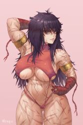 Rule 34 | 1girl, abs, areola slip, arm up, armlet, armpits, black hair, breasts, commentary, covered erect nipples, english commentary, gluteal fold, halterneck, hand wraps, highres, large breasts, long hair, mature female, messy hair, micro panties, multiple scars, muscular, muscular female, noaqin, panties, pink background, ramia-yana, ramia (ramia-yana), red handwear, scar, scars all over, solo, spaghetti strap, standing, thick thighs, thighs, too many, scars all over, underboob, underwear