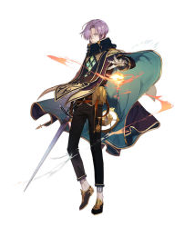 Rule 34 | 1boy, atelier (series), atelier firis, belt, bishounen, capelet, covered mouth, fire, gloves, magic, male focus, noco (adamas), official art, purple hair, revy berger, simple background, solo, sword, weapon, white background