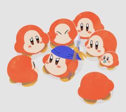 Rule 34 | bandana, bandana waddle dee, blue bandana, blush stickers, commentary request, creature, grey background, holding, holding polearm, holding weapon, kirby (series), looking at another, ni re, nintendo, no humans, pacifier, polearm, simple background, solid oval eyes, spear, waddle dee, weapon