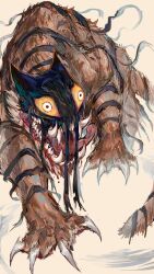 Rule 34 | absurdres, blood, blood in mouth, claws, commentary, english commentary, highres, long tongue, monster, monster focus, nameno92372763, no humans, open mouth, original, sharp teeth, solo, teeth, tiger, tongue, yellow eyes