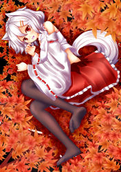 Rule 34 | 1girl, absurdres, animal ears, autumn leaves, bare shoulders, black pantyhose, blush, breasts, detached sleeves, fangs, hair ornament, happy, hat, highres, inubashiri momiji, large breasts, legs, looking at viewer, midriff, oohirakeisuke, open mouth, pantyhose, pom pom (clothes), red eyes, shirt, short hair, silver hair, skirt, smile, solo, tail, tokin hat, touhou, wolf ears, wolf tail