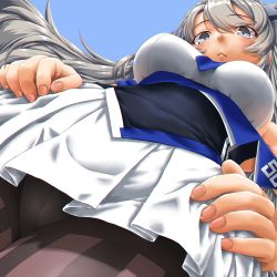 Rule 34 | 1girl, black pantyhose, blue background, blue necktie, breasts, closed mouth, dd (ijigendd), from below, grey eyes, hair between eyes, hands on own hips, headgear, highres, kantai collection, large breasts, long hair, looking at viewer, looking down, necktie, panties, panties under pantyhose, pantyhose, pleated skirt, shirt, silver hair, simple background, skirt, sleeveless, sleeveless shirt, solo, underwear, upskirt, washington (kancolle), white panties, white shirt, white skirt