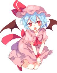 Rule 34 | 1girl, ascot, back bow, bat wings, blue hair, blush, blush stickers, bow, dress, fang, full body, hair between eyes, hands on own knees, hat, looking at viewer, mob cap, open mouth, paragasu (parags112), pink dress, pink hat, red ascot, red bow, red eyes, red footwear, remilia scarlet, shoes, short hair, simple background, solo, teeth, tongue, touhou, upper teeth only, v-shaped eyebrows, v arms, white background, wings