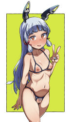 Rule 34 | 1girl, :d, blue nails, blush, bra, breasts, censored, cleft of venus, crotchless, crotchless panties, cupless bra, female pubic hair, floating headgear, geso smith, headgear, highres, kantai collection, long hair, looking at viewer, mosaic censoring, murakumo (kancolle), nail polish, navel, nipples, open mouth, orange eyes, panties, pubic hair, pussy, sidelocks, small breasts, smile, solo, sweatdrop, thick eyebrows, underwear, v
