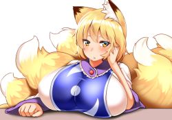 Rule 34 | 1girl, :o, animal ears, blonde hair, blush, breast rest, breasts, dress, fox ears, fox tail, hand on own cheek, hand on own face, hand up, huge breasts, looking at viewer, multiple tails, no headwear, no headwear, open mouth, short hair, simple background, solo, tabard, tail, touhou, upper body, white background, white dress, wildcat (kusonemi), yakumo ran, yellow eyes