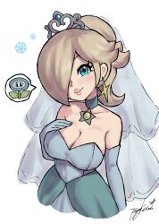 Rule 34 | 1girl, aqua dress, bare shoulders, blonde hair, blue eyes, blue gloves, breasts, bride, cleavage, closed mouth, collarbone, dress, earrings, elbow gloves, gloves, hair over one eye, highres, ice flower, jewelry, large breasts, lips, long hair, looking at viewer, mario (series), nintendo, ponytail, rosalina, simple background, smile, solo, spoken object, star (symbol), star earrings, tiara, toggy keiichi, veil, wedding dress, white background