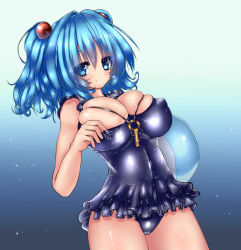 Rule 34 | 1girl, blue eyes, blue hair, blush, breasts, bursting breasts, covered erect nipples, female focus, frilled swimsuit, frills, gradient background, hair bobbles, hair ornament, highres, kawashiro nitori, key, large breasts, looking at viewer, matching hair/eyes, moura (kenyuugetu), one-piece swimsuit, shiny clothes, smile, solo, swimsuit, touhou, twintails, two side up, wet, wet clothes