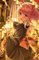 Rule 34 | 1girl, :d, animal, animal ears, back bow, bag, bagged fish, black kimono, bow, braid, brown bow, cherry blossom print, commentary request, crown braid, double bun, fish, floral print, hair bun, hand fan, highres, holding, japanese clothes, kimono, lantern, looking at viewer, looking to the side, open mouth, outstretched arm, paper fan, pink hair, print bow, rabbit, rabbit ears, reisen udongein inaba, sidelocks, smile, solo, striped clothes, striped kimono, touhou, uchiwa, vertical-striped clothes, vertical-striped kimono, water, yuuka nonoko