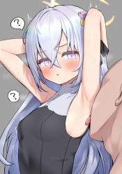 Rule 34 | 1boy, 1girl, ?, licking armpit, armpits, arms up, azusa (blue archive), bare arms, bare shoulders, blue archive, blush, breasts, commentary request, hair ornament, halo, hetero, licking, long hair, looking at viewer, pink eyes, silver hair, sleeveless, small breasts, sweat, tongue, tongue out, ushimittsu
