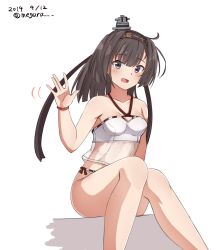 Rule 34 | 1girl, ahoge, akizuki (kancolle), bad id, bad twitter id, bikini, black hair, breasts, commentary request, dated, hachimaki, headband, headgear, highres, kantai collection, long hair, looking at viewer, medium breasts, meguru (megurunn), one-hour drawing challenge, open mouth, ponytail, simple background, sitting, smile, solo, swimsuit, twitter username, waving, white background, white bikini