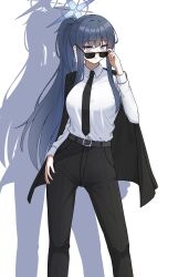 Rule 34 | 1girl, :/, absurdres, adjusting eyewear, belt, black belt, black necktie, black pants, black suit, blue archive, blue hair, breasts, closed mouth, collared shirt, contrapposto, crooked eyewear, feet out of frame, formal, half updo, hand on eyewear, hand on own hip, highres, jacket, jacket on shoulders, large breasts, legs apart, long bangs, long hair, mollra, necktie, open clothes, open jacket, pants, ponytail, saori (blue archive), shirt, shirt tucked in, sidelocks, simple background, sleeve cuffs, solo, suit, sunglasses, very long hair, white background, white shirt