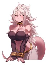 Rule 34 | 1girl, abs, android 21, bare shoulders, black nails, black sleeves, black tube top, breasts, cleavage, colored skin, cowboy shot, detached sleeves, dragon ball, dragon ball fighterz, earrings, harem pants, highres, hoop earrings, jewelry, large breasts, long hair, majin android 21, muscular, muscular female, pants, pink skin, pink tail, pointy ears, red eyes, solo, strapless, tube top, white hair, white pants, zequung