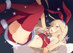 Rule 34 | 10s, 1girl, akinashi yuu, animal ears, ass, bare shoulders, black background, blonde hair, blue eyes, breasts, fake animal ears, female focus, fur trim, hair between eyes, jpeg artifacts, kantai collection, long hair, looking at viewer, lying, open mouth, panties, red thighhighs, shimakaze (kancolle), small breasts, solo, star (symbol), thighhighs, underwear, white panties