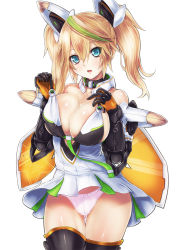 Rule 34 | 1girl, bad id, bare shoulders, black thighhighs, blonde hair, blue eyes, breasts, cleavage, collarbone, cowboy shot, dress, eyebrows, fang, female focus, gene (pso2), genu00e9 (pso2), gluteal fold, green hair, hair between eyes, harukaze bou, headgear, highres, large breasts, long hair, multicolored hair, open mouth, panties, pantyshot, phantasy star, phantasy star online 2, simple background, solo, strap pull, thigh gap, thighhighs, twintails, underwear, upskirt, white background, white panties