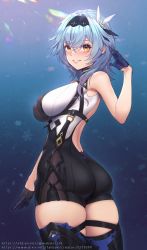 Rule 34 | 1girl, armpits, ass, ass focus, bare shoulders, blue gloves, blue hair, breasts, eula (genshin impact), genshin impact, gloves, hair ornament, hairband, hand up, highres, kakuchou no ou, leotard, looking at viewer, medium breasts, sleeveless, smile, solo, thighhighs, thighs, wabiko1126, yellow eyes