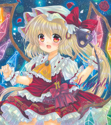 Rule 34 | 1girl, :d, ascot, blonde hair, blue background, cowboy shot, crystal, fang, flandre scarlet, frilled ascot, frilled shirt collar, frilled skirt, frills, green brooch, hat, hat ribbon, holding, holding wand, laevatein (touhou), long hair, looking at viewer, marker (medium), mob cap, open mouth, puffy short sleeves, puffy sleeves, rainbow order, red eyes, red ribbon, red skirt, red vest, ribbon, rui (sugar3), sample watermark, shirt, short sleeves, side ponytail, skirt, skirt set, smile, solo, touhou, traditional media, vest, wand, watermark, white hat, white shirt, wings, wrist cuffs, yellow ascot