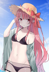 Rule 34 | 1girl, arknights, arm up, bad id, bad pixiv id, bare shoulders, bikini, black bikini, black ribbon, bow, braid, breasts, brown hat, cleavage, collarbone, hair ornament, hand in own hair, hat, hat bow, long hair, long sleeves, nagisa (cxcx5235), navel, off shoulder, official alternate costume, open clothes, pointy ears, red bow, red eyes, red hair, ribbon, see-through, side-tie bikini bottom, small breasts, solo, star (symbol), star hair ornament, stomach, straw hat, striped, striped bow, swimsuit, twin braids, very long hair, vigna (arknights), vigna (casual vacation) (arknights), wide sleeves