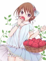Rule 34 | 1girl, apple, basket, bloomers, blue eyes, breasts, brown hair, cleavage, codemofel, dress, flower, food, fruit, hair between eyes, hair ribbon, hairband, highres, holding, holding food, holding fruit, kantai collection, looking at viewer, low twintails, purple eyes, ribbon, rose, shirayuki (kancolle), short hair, short sleeves, small breasts, smile, snow white, solo, twintails, underwear, white bloomers, frilled wristband