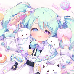 Rule 34 | 1girl, :d, arms up, bed sheet, blue bow, blue eyes, bow, candy, candy wrapper, collared dress, commentary request, controller, copyright request, dress, food, fruit, game controller, green hair, hair between eyes, heterochromia, holding, holding controller, holding microphone, jacket, lollipop, long hair, looking at viewer, lying, microphone, on back, open clothes, open jacket, open mouth, purple bow, purple eyes, purple jacket, smile, solo, strawberry, swirl lollipop, twintails, usashiro mani, very long hair, white dress