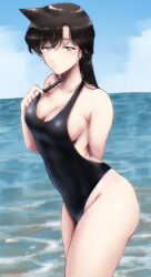 Rule 34 | 1girl, arm behind back, bare shoulders, black one-piece swimsuit, blue eyes, blue sky, breasts, cloud, collarbone, commentary, day, hand up, highleg, highleg swimsuit, highres, horizon, large breasts, leaning forward, light blush, looking at viewer, meitantei conan, mouri ran, ocean, one-piece swimsuit, outdoors, parted bangs, sky, solo, strap gap, swimsuit, thick thighs, thighs, tsukumo momo, water, wet