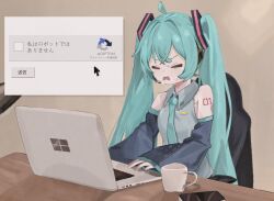Rule 34 | 1girl, ahoge, aqua hair, aqua necktie, black sleeves, captcha, chair, closed eyes, coffee mug, collared shirt, commentary, computer, cup, detached sleeves, frown, grey shirt, hair ornament, hatsune miku, highres, laptop, long hair, mug, naaga sonomono, necktie, on chair, open mouth, screen, shirt, sleeveless, sleeveless shirt, solo, sweat, table, translated, twintails, very long hair, vocaloid, wing collar