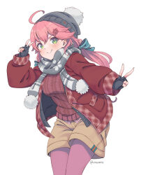 Rule 34 | 1girl, ahoge, aran sweater, beanie, blush, bow, breasts, brown shorts, cable knit, closed mouth, coat, double v, fingerless gloves, gloves, green eyes, grey hat, grey scarf, hair between eyes, hair bow, hair ornament, hair ribbon, hairclip, hat, highres, hololive, long hair, long sleeves, looking at viewer, low twintails, medium breasts, pantyhose, pantyhose under shorts, pink hair, red coat, red pantyhose, red sweater, ribbon, sakura miko, scarf, shorts, smile, solo, sweater, twintails, v, vinhnyu, virtual youtuber, winter clothes