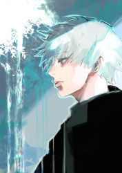 Rule 34 | 1boy, absurdres, black shirt, closed mouth, from side, green background, grey hair, highres, kaneki ken, kyuuba melo, male focus, messy hair, profile, red eyes, shirt, short hair, solo, tokyo ghoul, upper body, white background