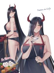 Rule 34 | 1girl, absurdres, alternate costume, apron, ass, azur lane, bare shoulders, black apron, black hair, black panties, blush, breasts, butt crack, character name, chopsticks, cleavage, english text, food, friedrich der grosse (azur lane), hair over one eye, highres, horns, jewelry, large breasts, long hair, mature female, mechanical horns, milephunter, nearly naked apron, bento, oven, oven mitts, panties, red horns, ring, sideboob, smile, soup ladle, thighs, underwear, very long hair, white background, yellow eyes