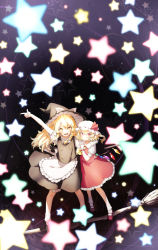 Rule 34 | 2girls, apron, arm around waist, arm up, black background, black footwear, black headwear, black skirt, black vest, blonde hair, bow, braid, broom, broom surfing, commentary request, commission, crystal, flandre scarlet, full body, hair between eyes, hair bow, hat, hat ribbon, highres, honotai, index finger raised, kirisame marisa, long hair, mary janes, mob cap, multiple girls, open mouth, red eyes, red footwear, red ribbon, red skirt, red vest, ribbon, shirt, shoes, short sleeves, side ponytail, single braid, skeb commission, skirt, smile, socks, standing, star (symbol), starry background, touhou, vest, waist apron, white bow, white headwear, white legwear, white shirt, wings, witch hat, wrist cuffs, yellow eyes, yellow neckwear